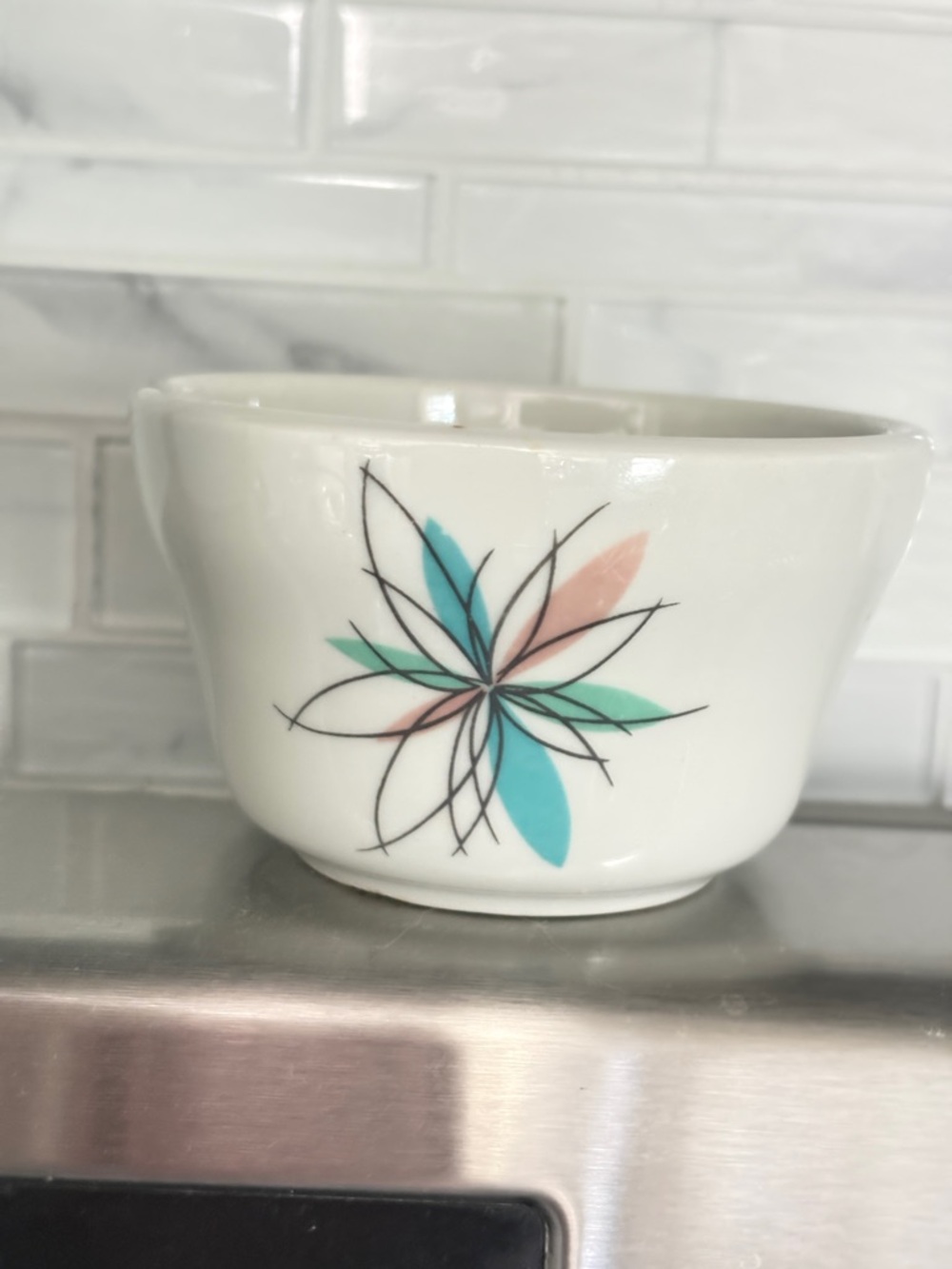 Shenango White Ceramic Serving ramekin with Teal and pink Floral Motif. Vintage